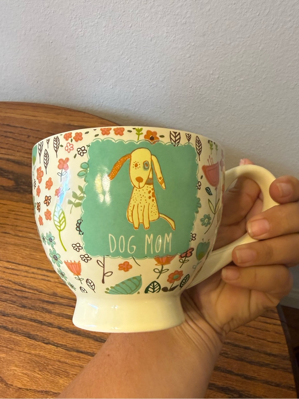 Dog Mom Ceramic Mug with Floral Design - Cream and Teal